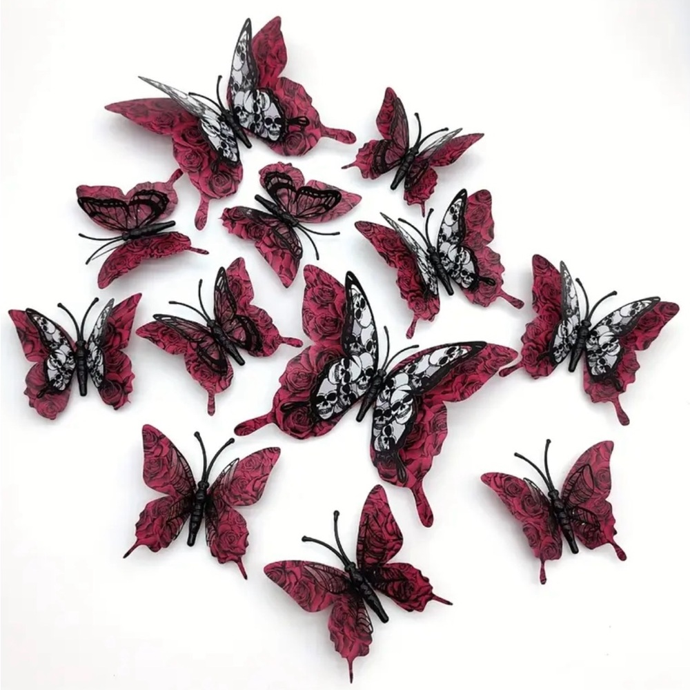 💀 12 Pcs Spooky Red Halloween Butterflies 3D Skeleton Skull Gothic Butterfly